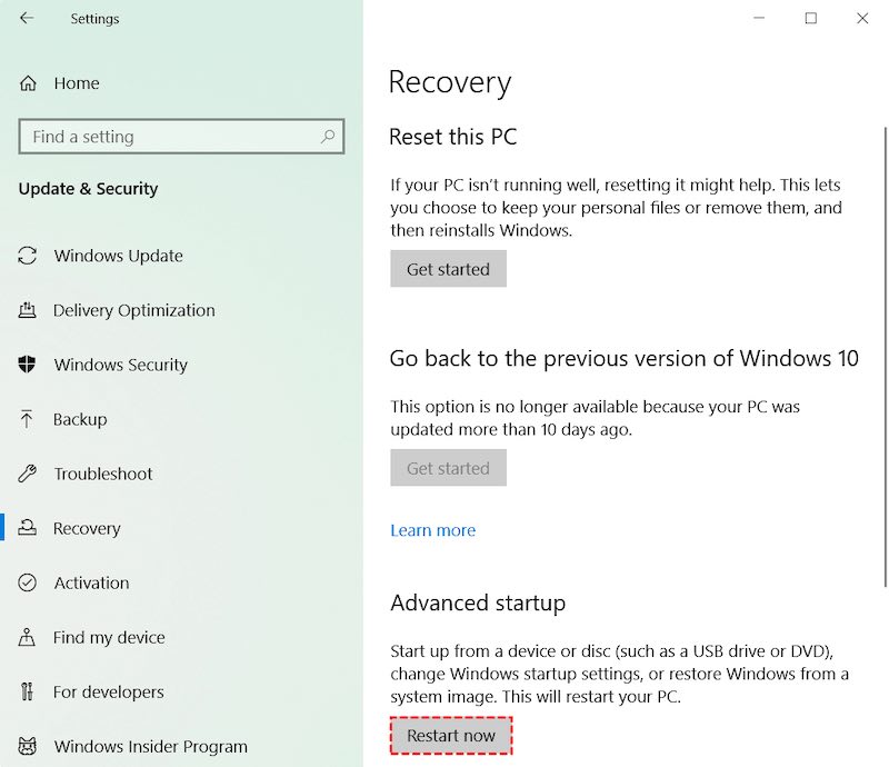 System Image Recovery in Windows 10