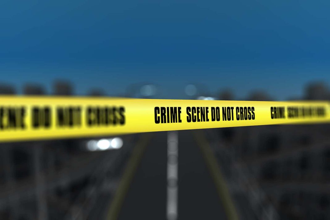 3D police line tape against defocussed city background Police Report
