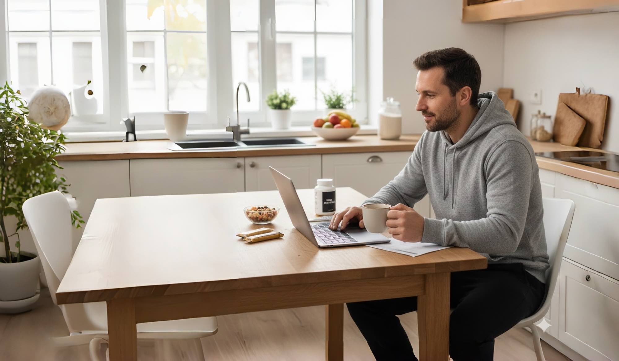 A man reviewing his daily supplement routine at home as part of a balanced approach to men’s health
